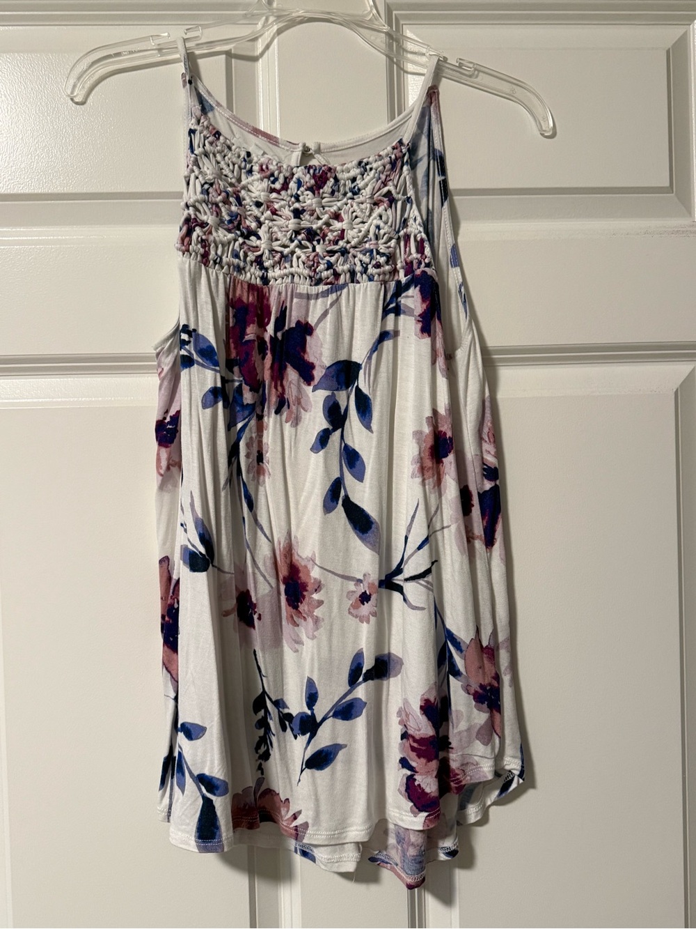 Maurices White Tank Top with Pink Trim and Blue Floral Accents